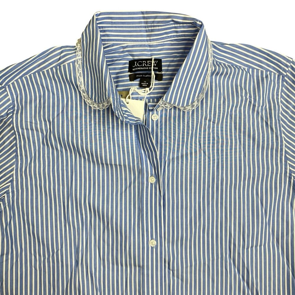J Crew Jules Club Collar Button Down Shirt Womens 12 Blue Stripe Poplin CN500